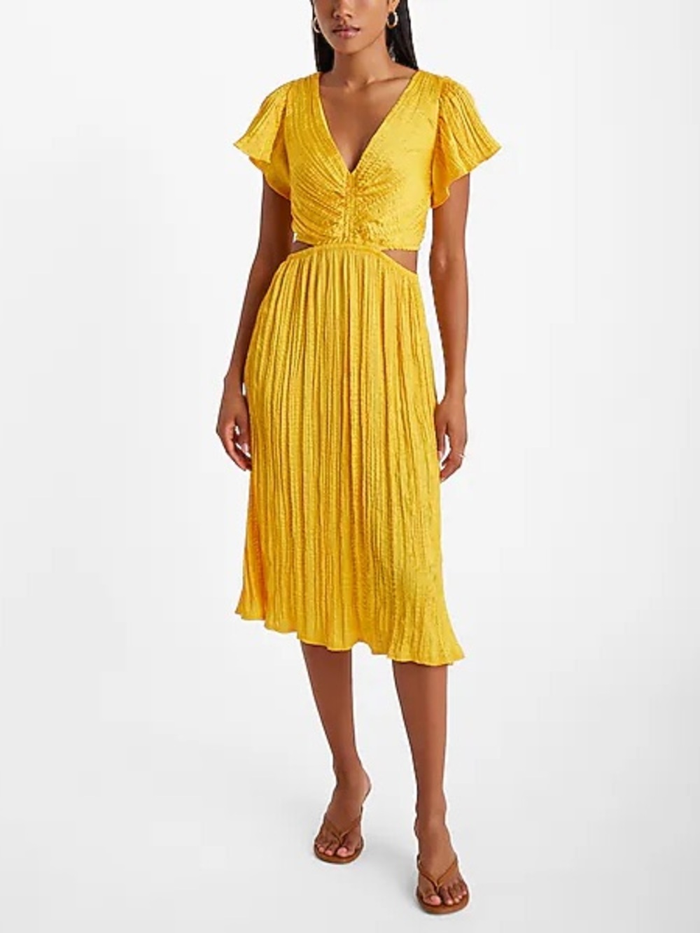 Express V-Neck Flutter Sleeve Pleated Cutout Midi Dress Yellow